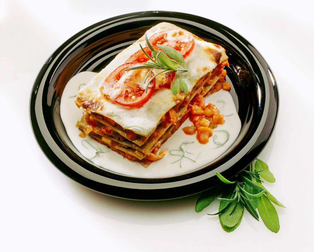 Tomato lasagne with bechamel sauce on plate
