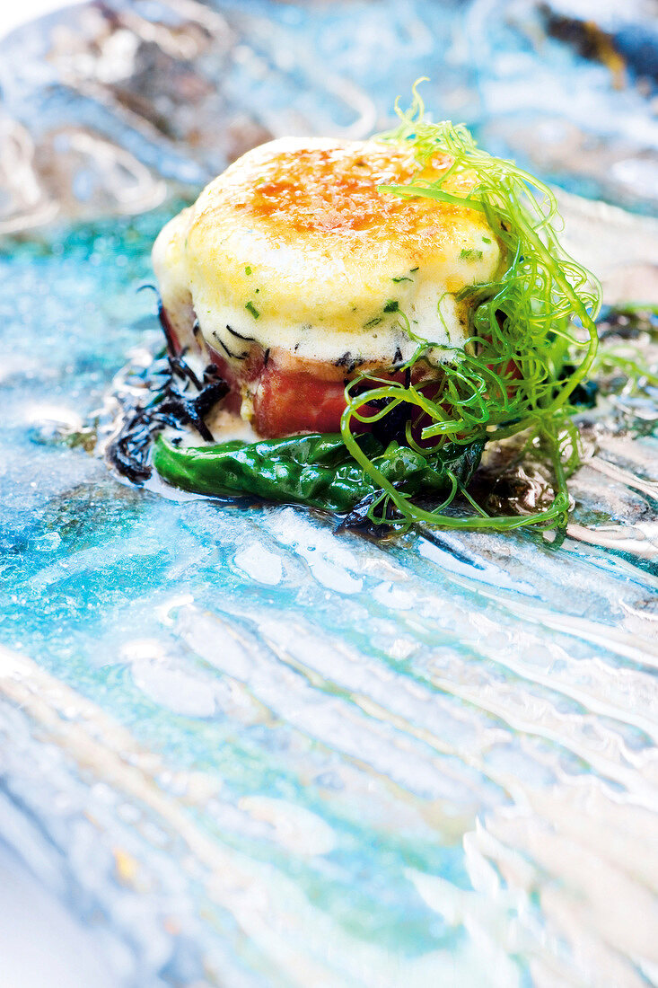 Grilled veal fillet with wasabi, hijiki seaweed and juice