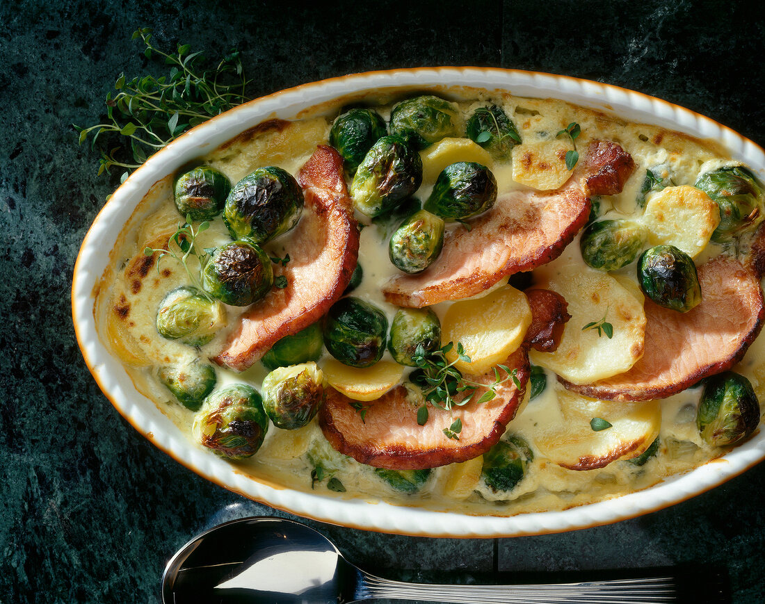 Close-up of smoked brussels sprout in casserole