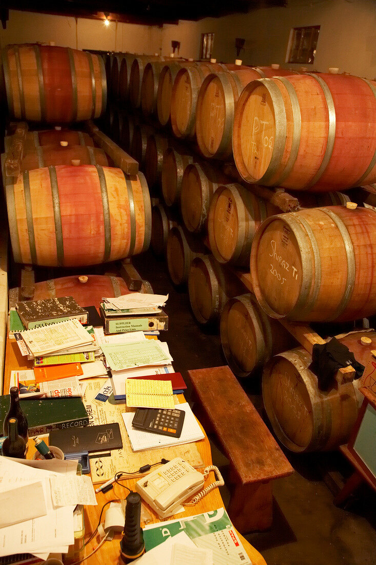 Südafrika, Weingut Beaumont, Weinfässer lagern in Kellern