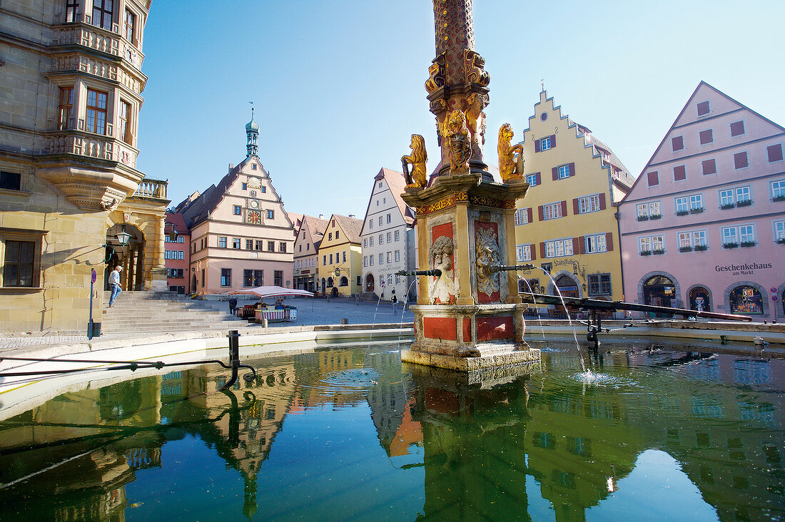 Marketplace with fountain in Rothenburg ob der Tauber, Germany