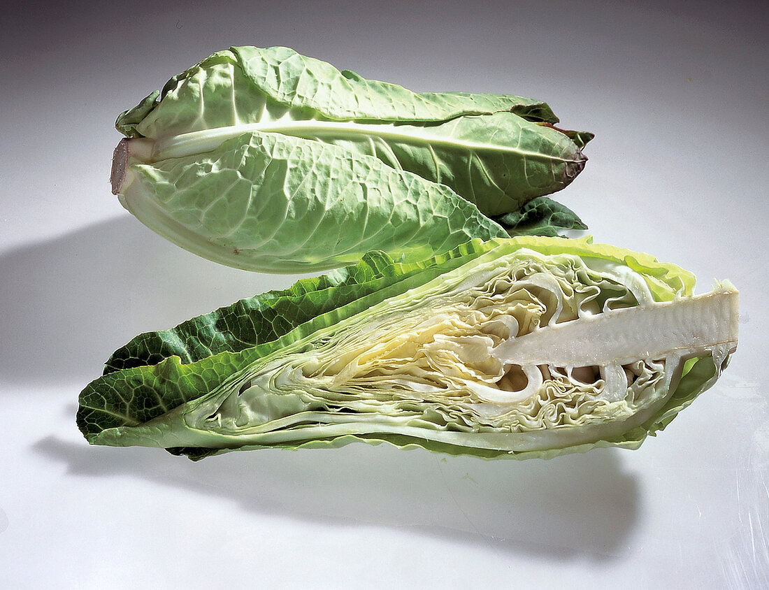 Whole and halved pointed cabbage on white background