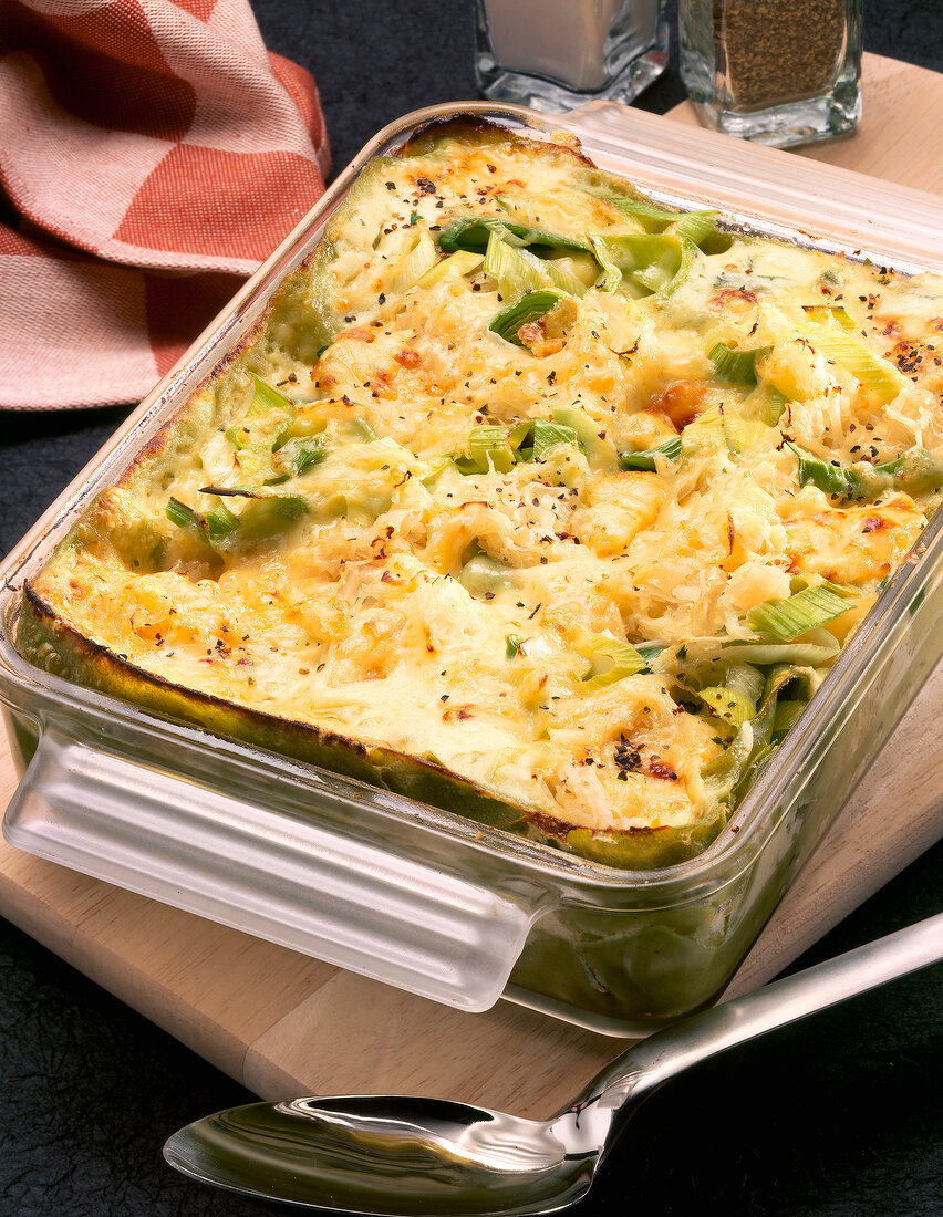 Close-up of sauerkraut lasagna in baking dish