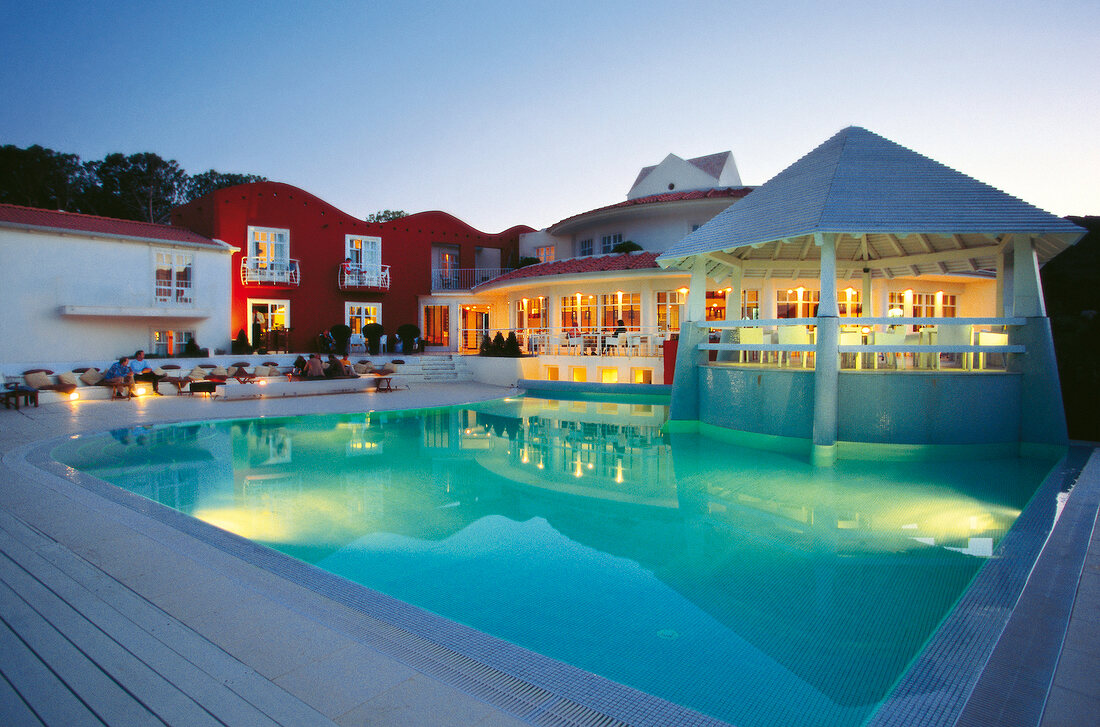 View of swimming pool at hotel La Coluccia in Sardinia, Italy