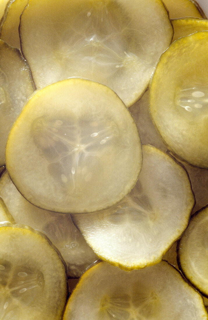 Close-up of pickled cucumber slices