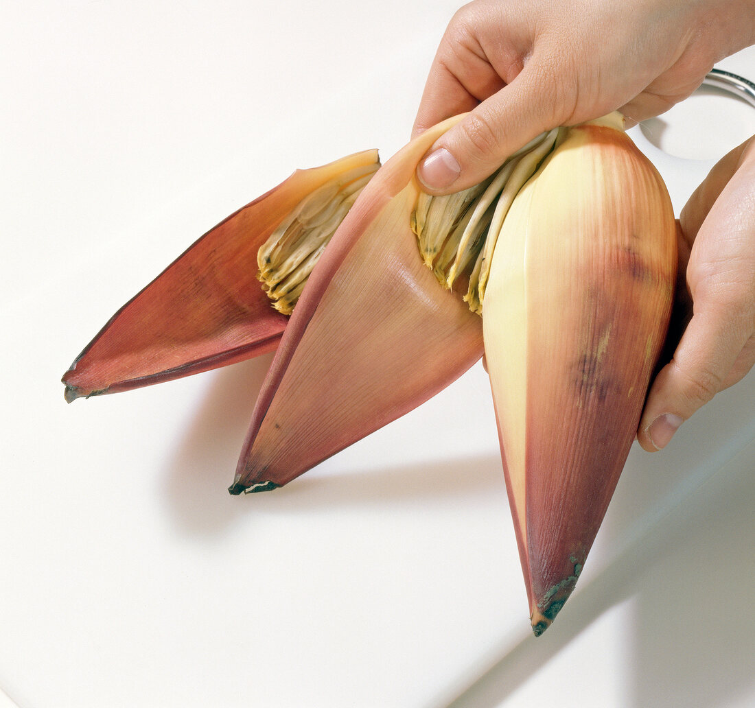 Close-up of banana flower being pealed, step 1