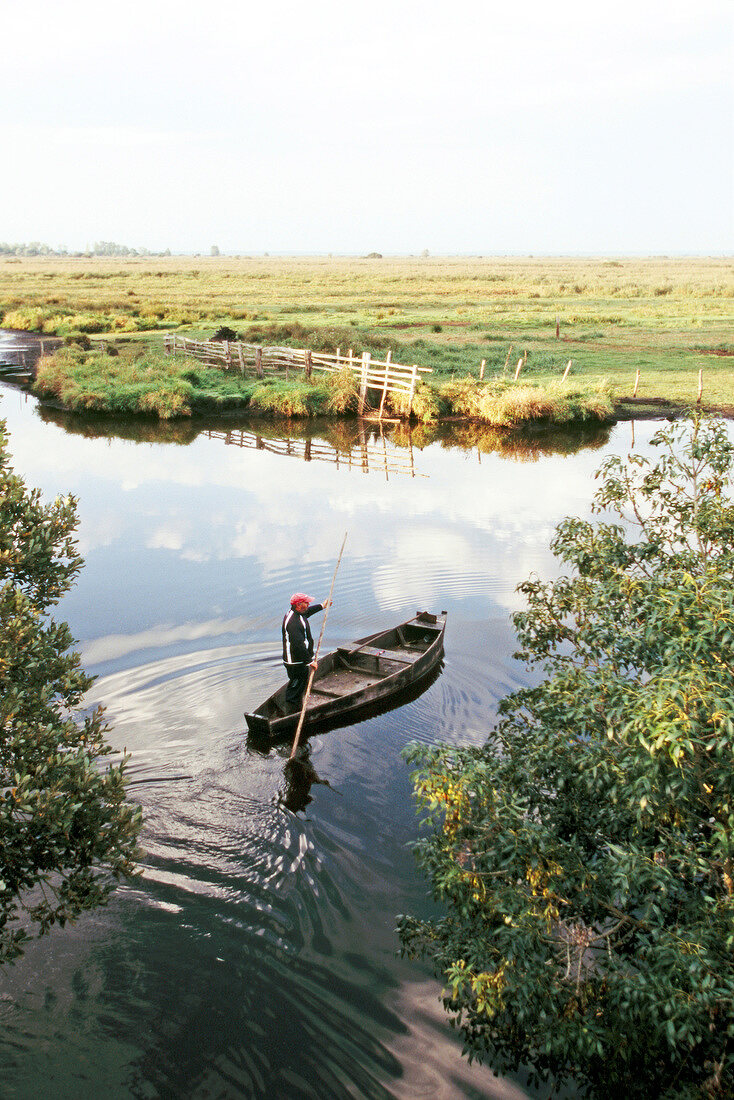 Man rowing boat in marsh at Briere Regional Natural Park, France