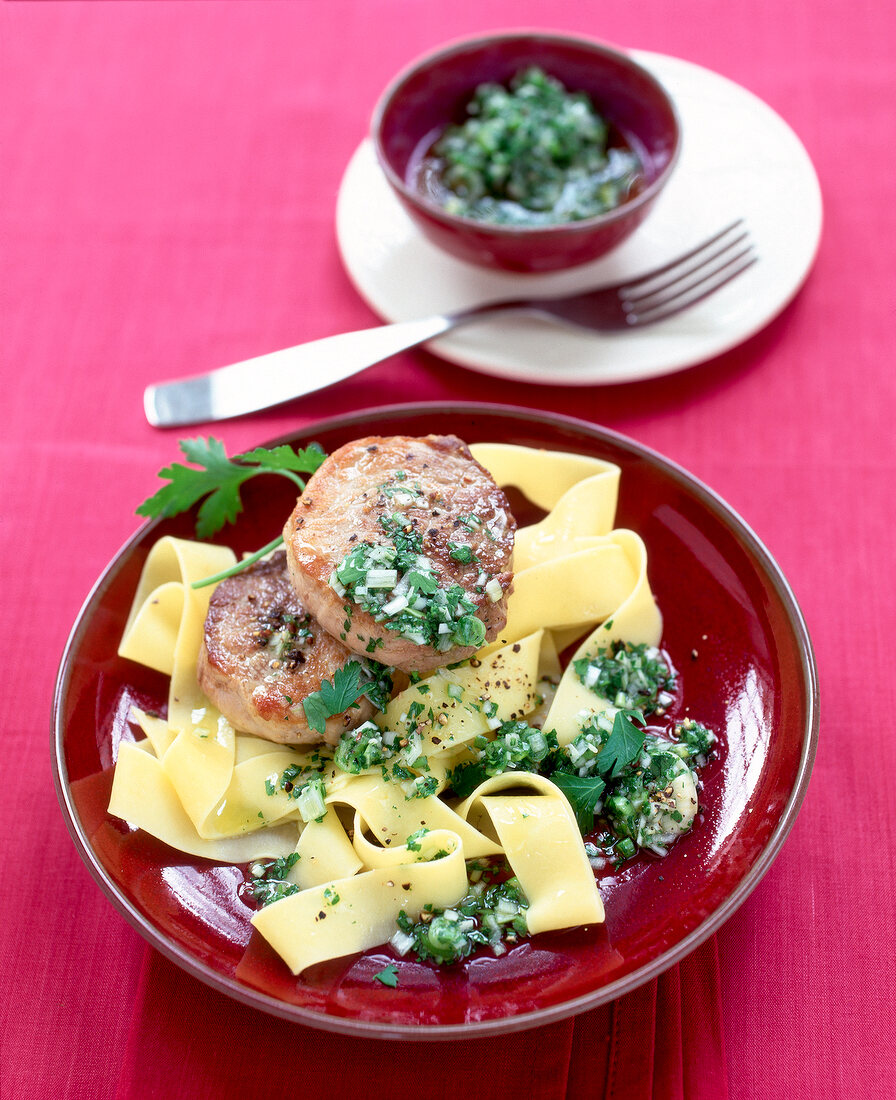 Close-up of salsa verde on plate