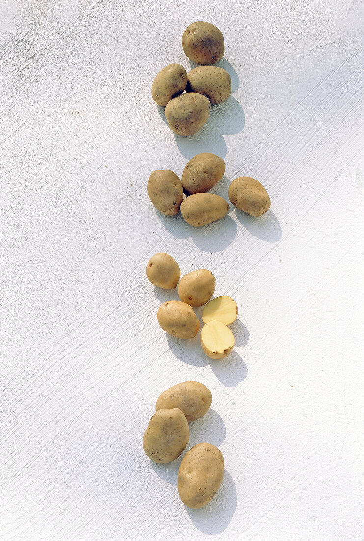 Four different varieties of potatoes on white background