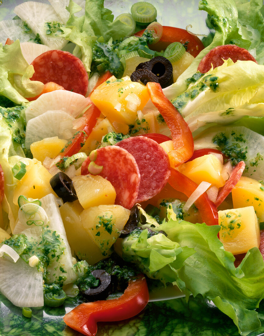 Close-up of potato salad with endive and salami on plate