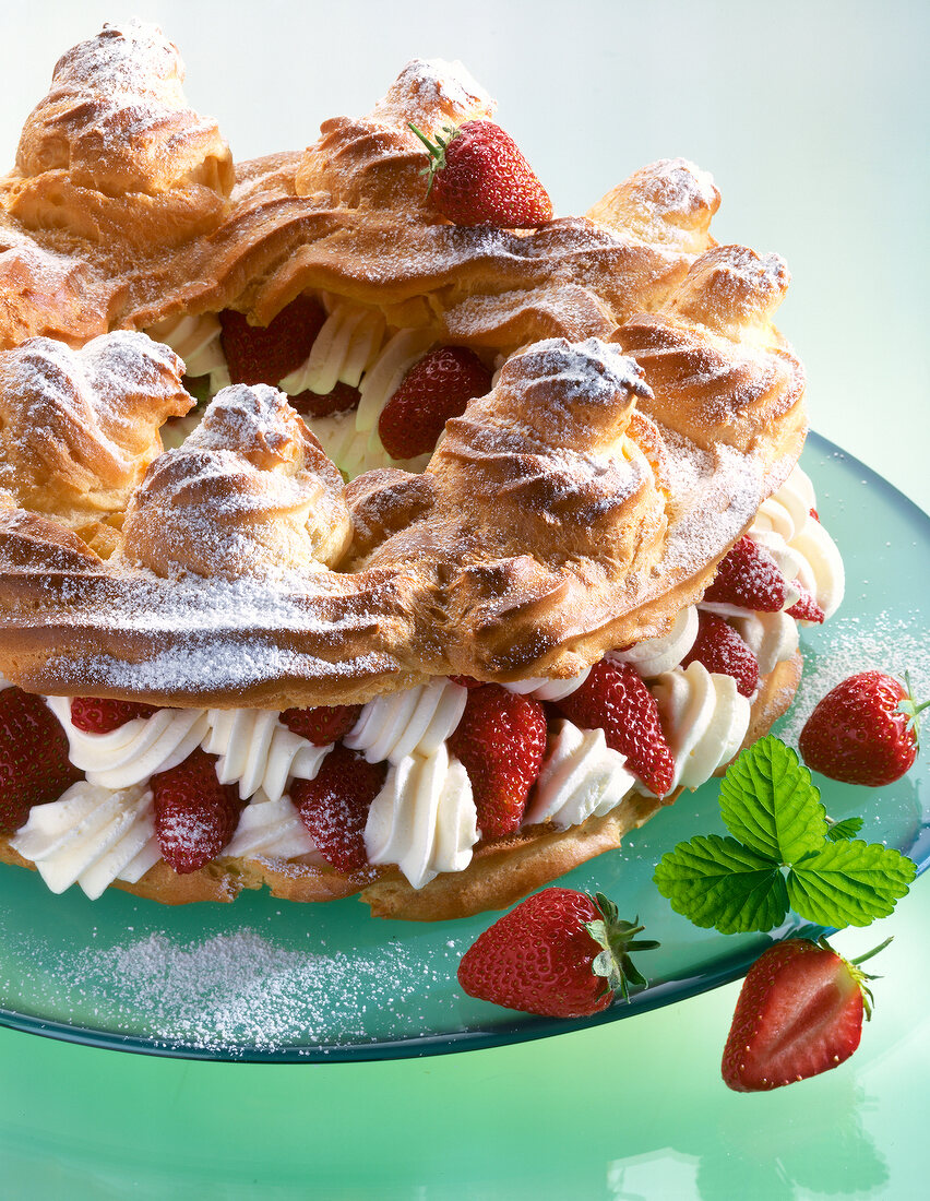 Close-up of strawberry wreath on plate