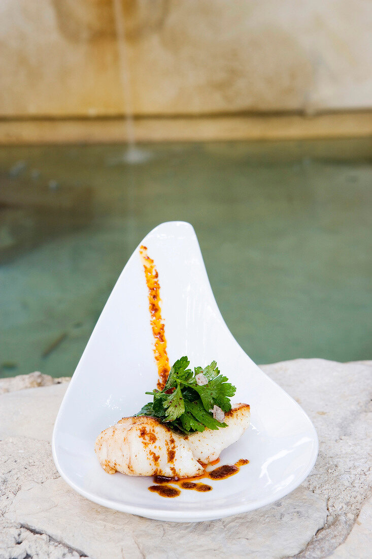 John Dory with pimento oil and parsley salad in serving dish