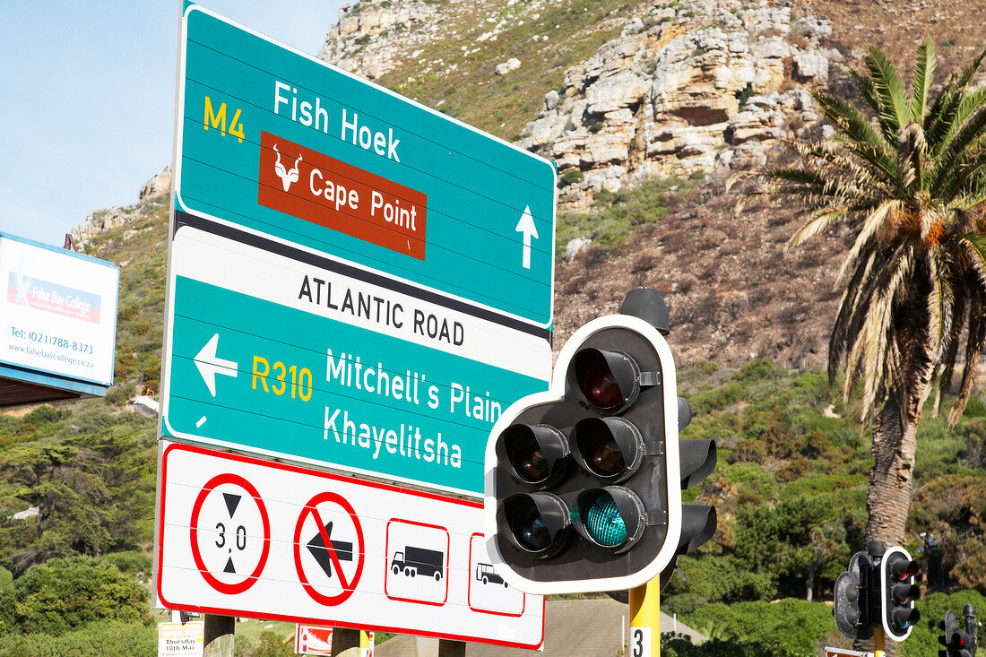 View of street sign showing direction towards Cape of Good Hope, South Africa