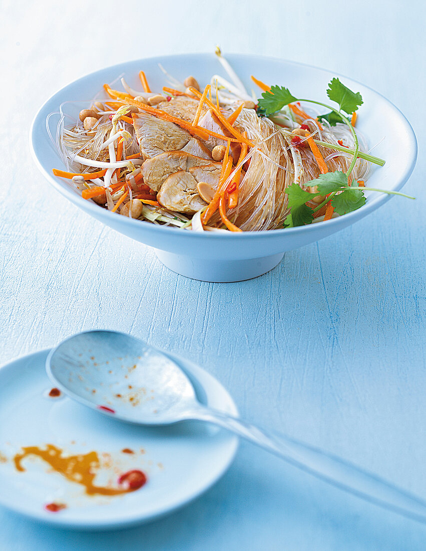Celophane noodles salad with chicken in bowl