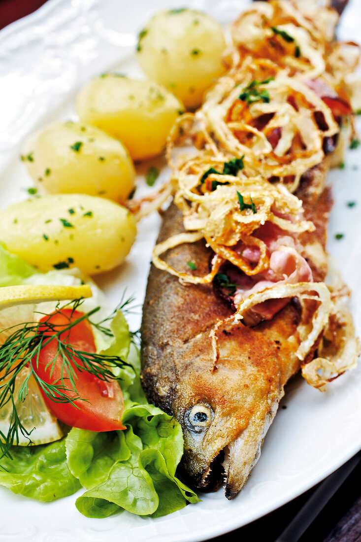 Close-up of fried trout with potatoes and salad on serving plate