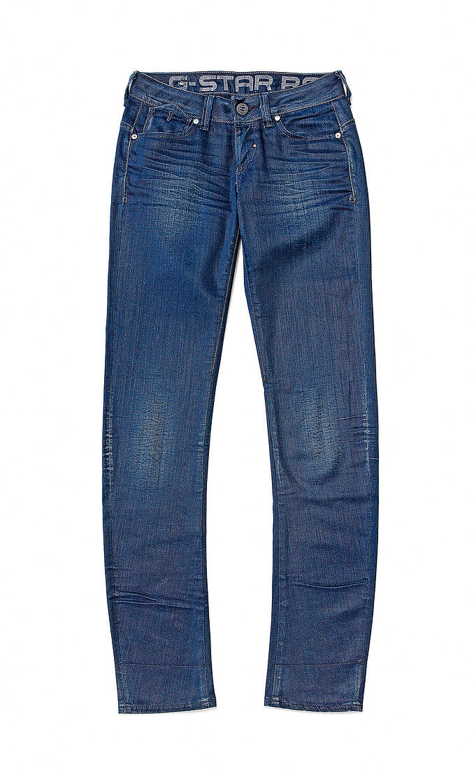 Close-up of straight leg jeans on white background