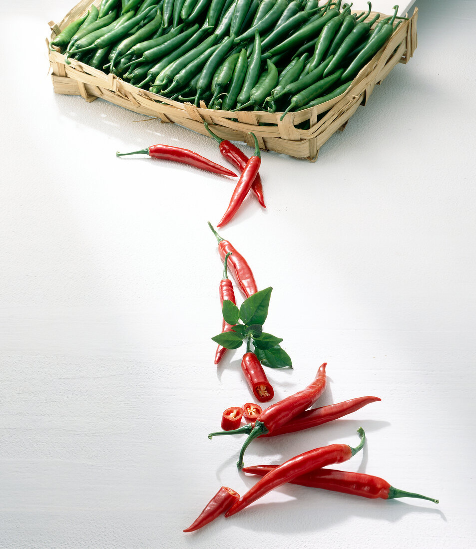 Basket of green chillies and red chillies on white background