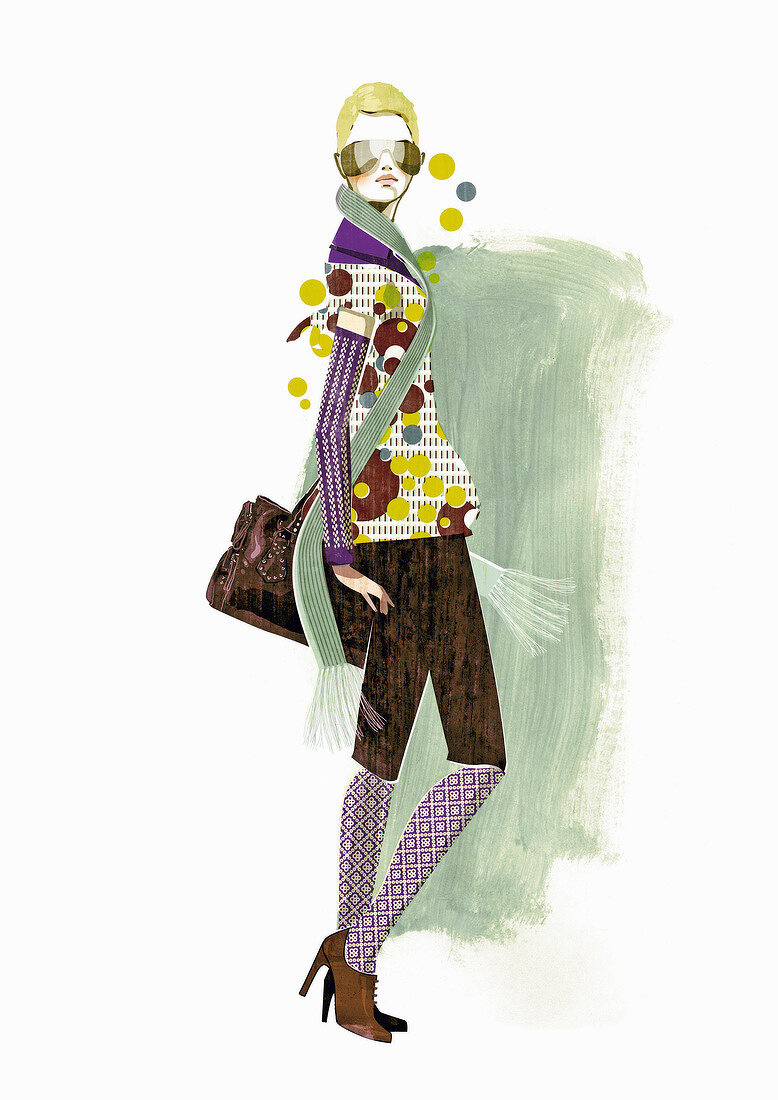 Mode-Illustration: Frau im bunten Herbstoutfit