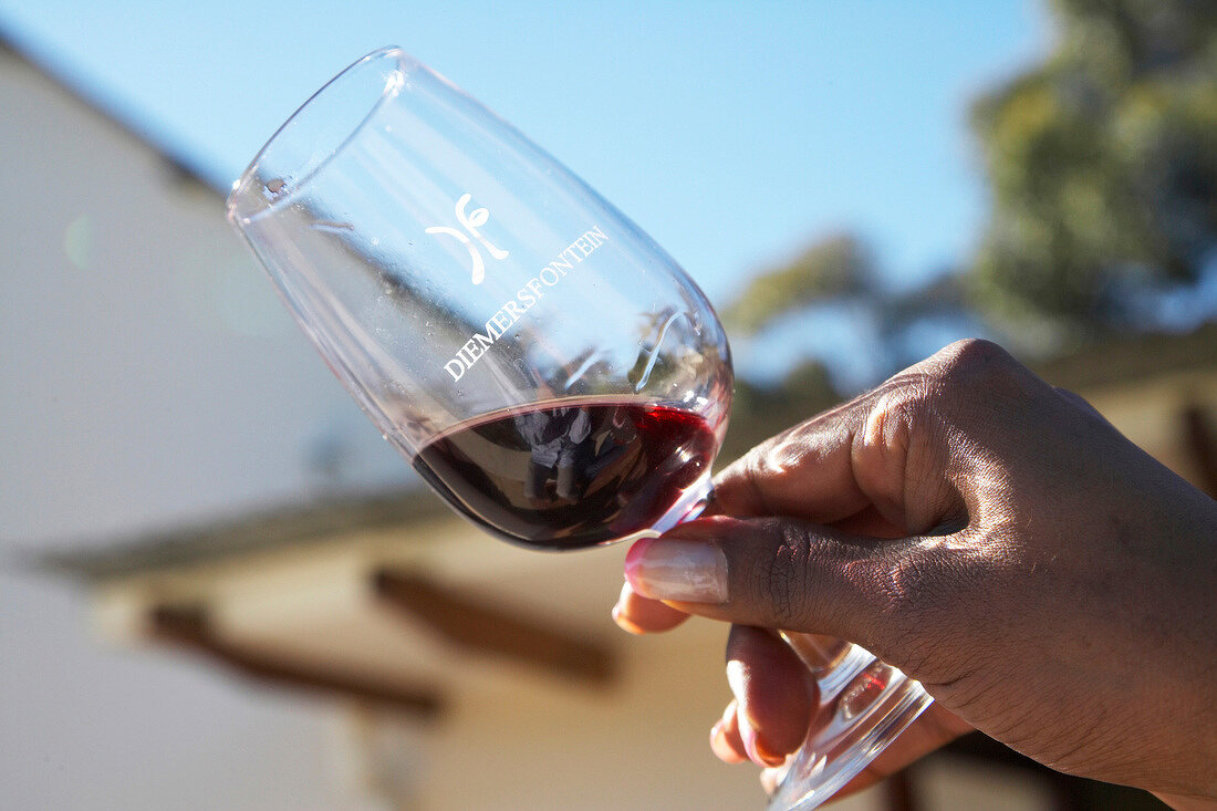 Close-up of glass of red wine at Diemersfontein Wine, South Africa