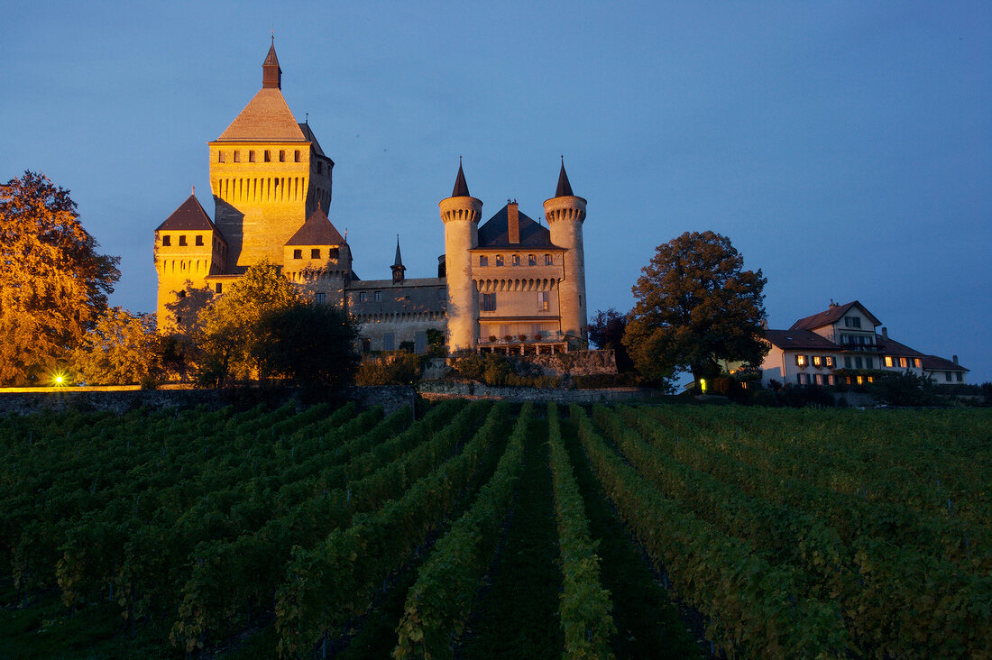 beleuchtetes Château de Vufflens am Abend.