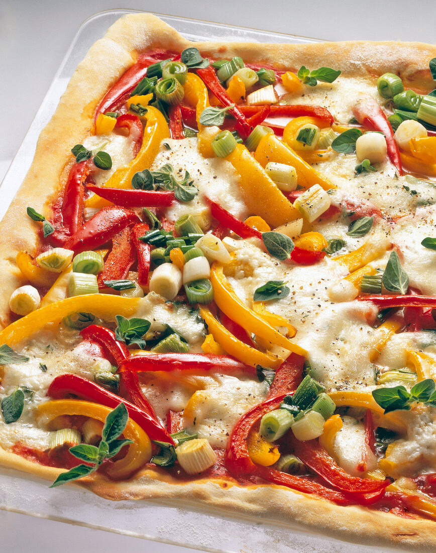 Close-up of square shape pizza with peppers and spring onion on serving dish