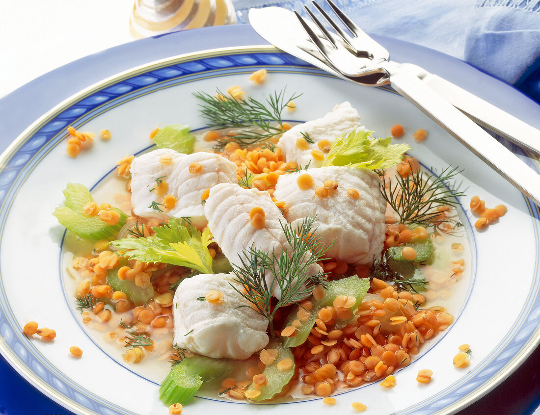 Wolffish fillet with lentils and dill herb on pattern plate