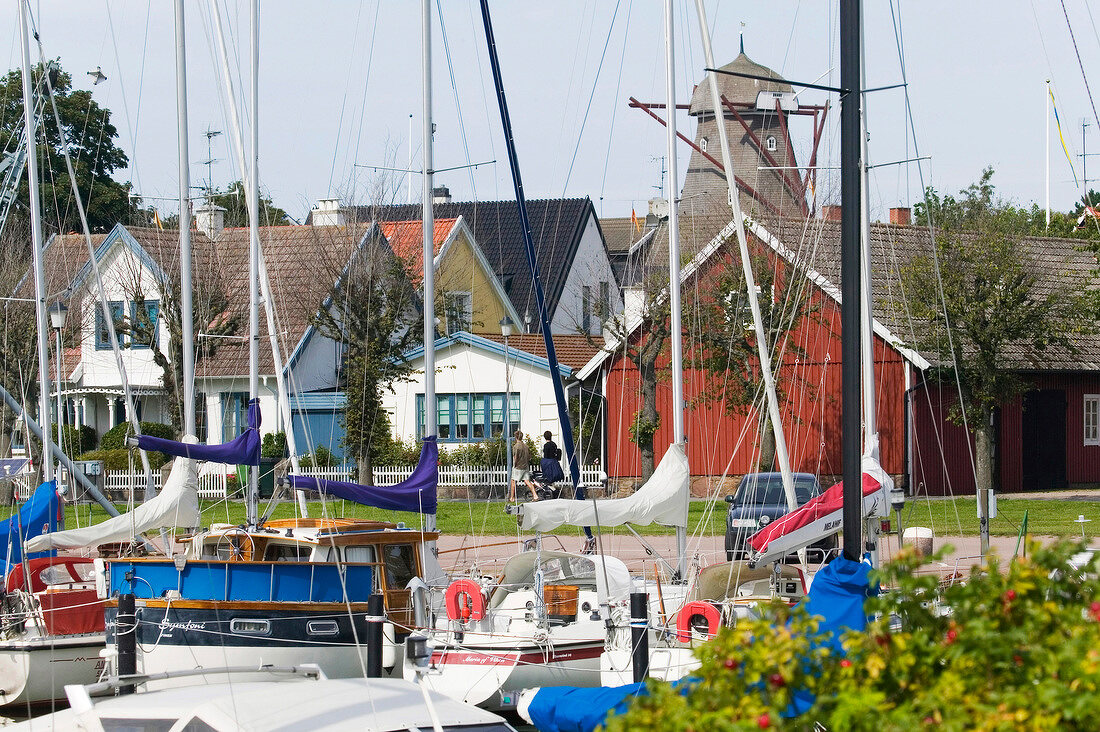 Boats moored at small port of Viken, Sweden