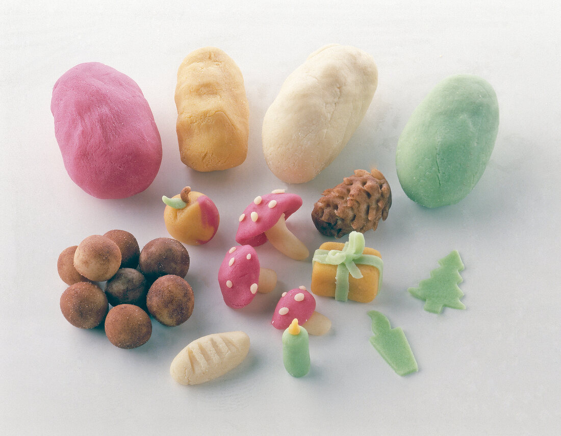 Colourful marzipan against white background