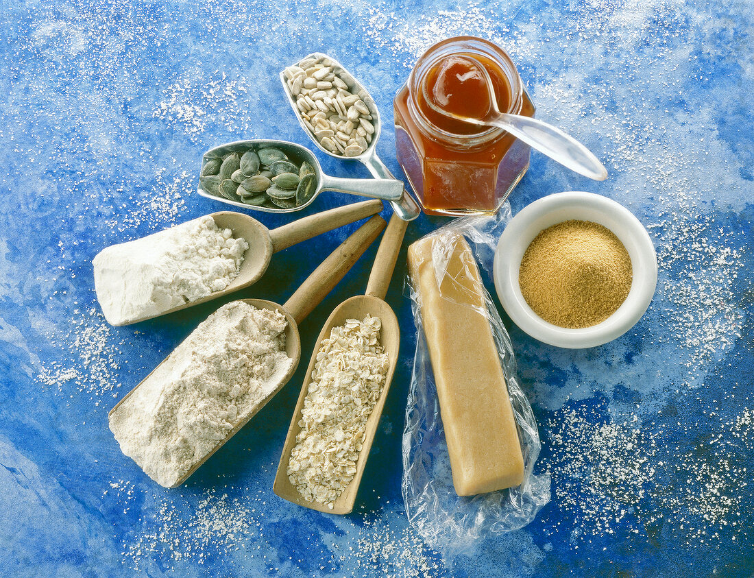 Various ingredients like whole cane sugar, honey, marzipan