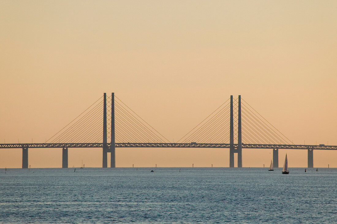 View of Oresund Bridge at dusk, Copenhagen, Denmark