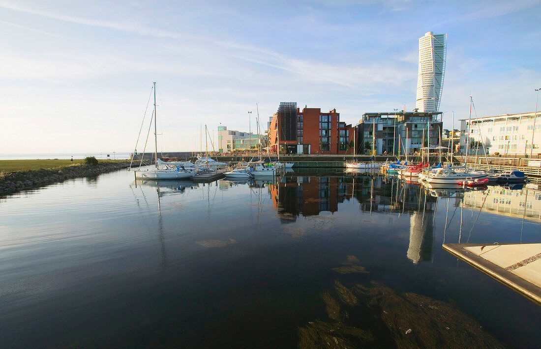 View of Marina with Twisted Torso skyscraper in background, Malmo, Sweden