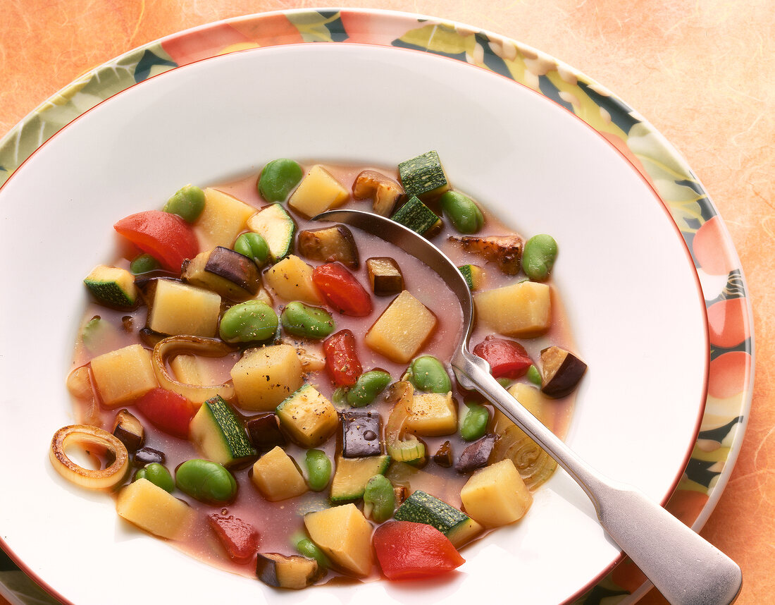 Vegetable gravy with potatoes, beans, tomatoes, onions and zucchini in bowl