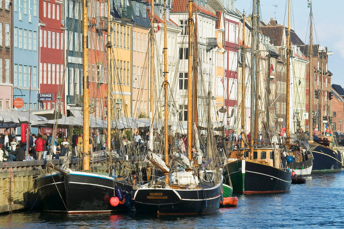 Sailboats moored at Nyhavn canal in Copenhagen, Denmark