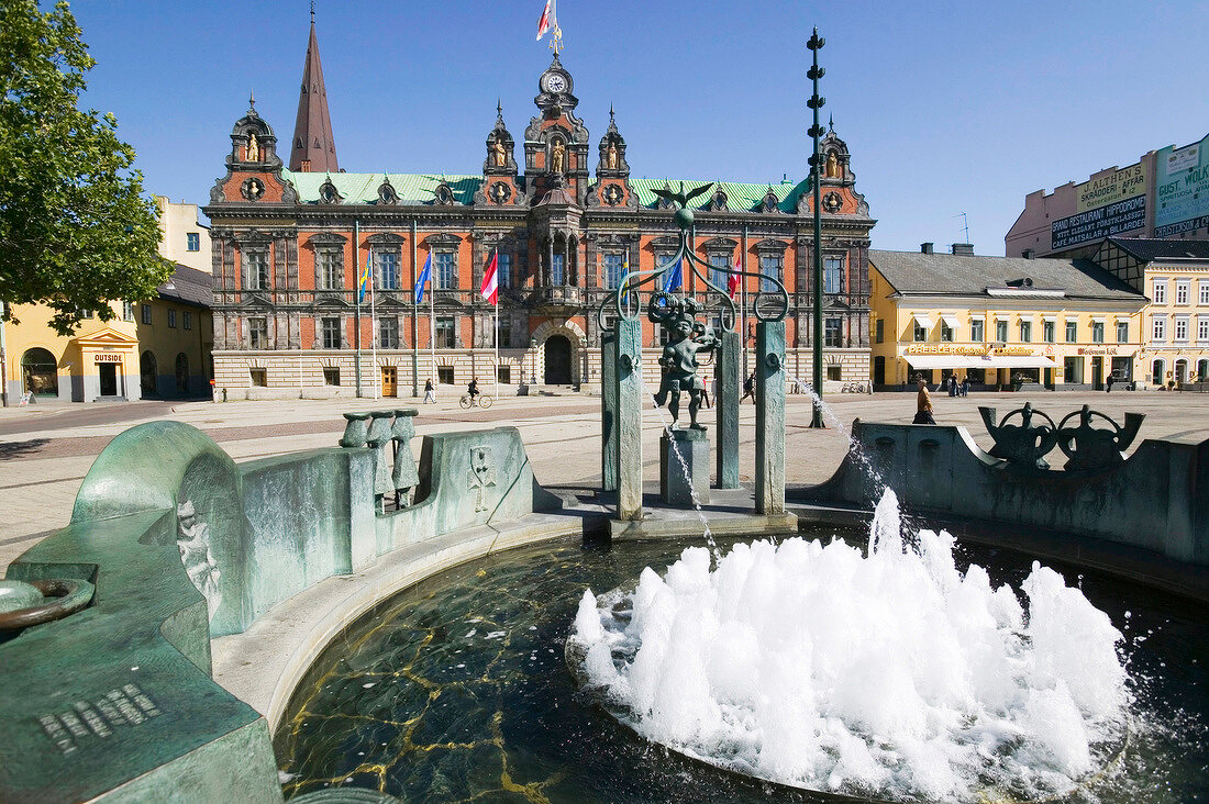 Fountain with bronze sculpture in front of Town Hall in Malmo, Sweden