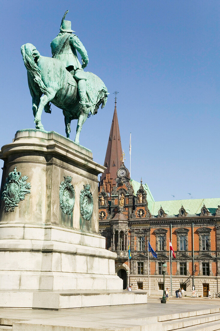 Statue of King Charles Gustavus X in front of Town Hall in Malmo, Sweden