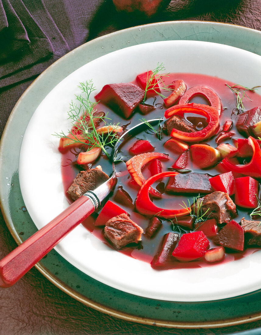 Rote-Bete-Eintopf mit Fenchel in Teller