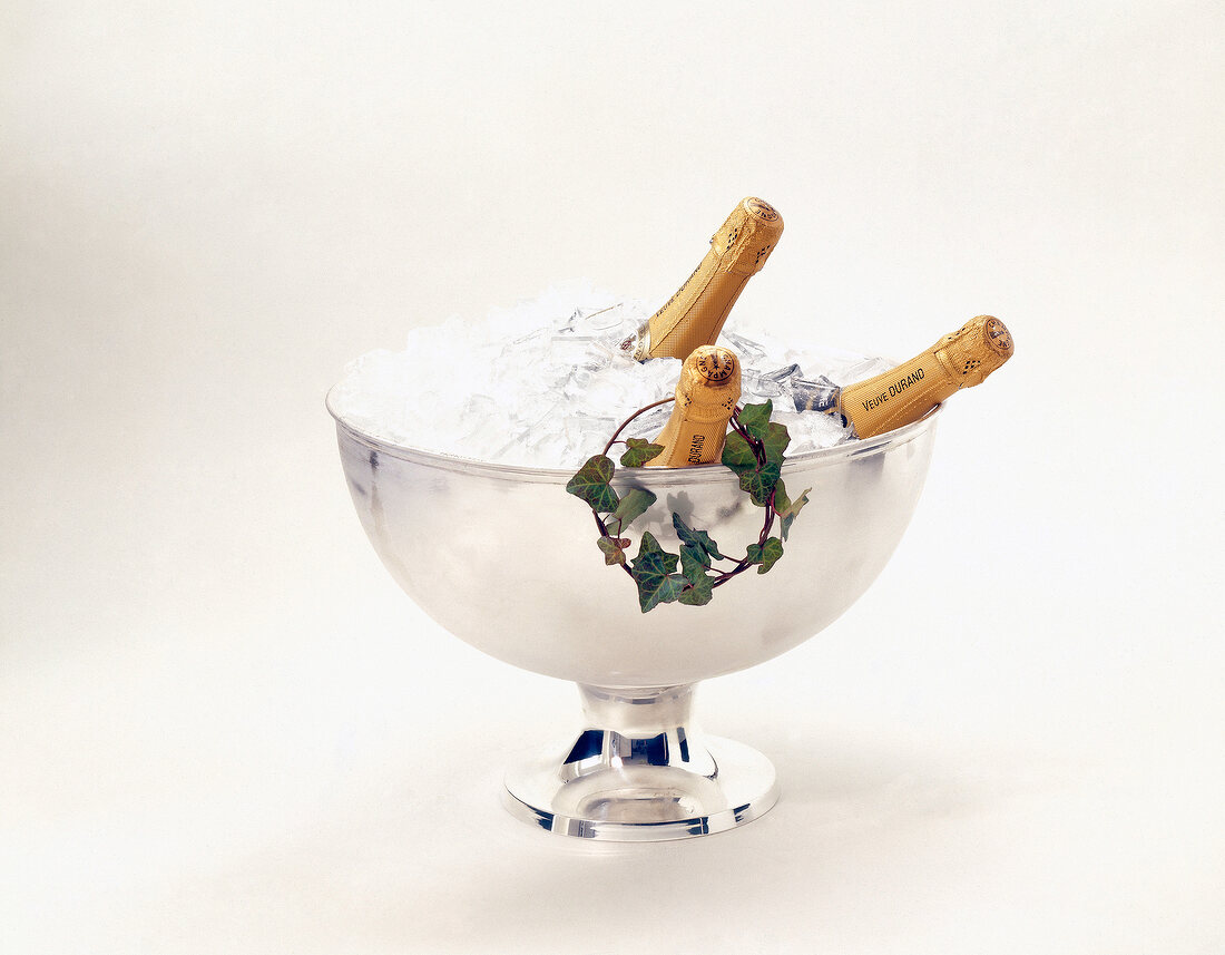 Champagne bucket with champagne on white background