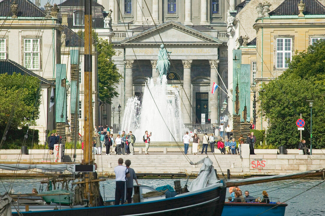 Sail boats in canal in front of Amalienborg Palace, Copenhagen, Denmark