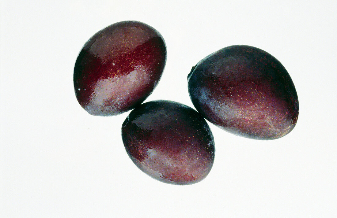 Close-up of plums on white background