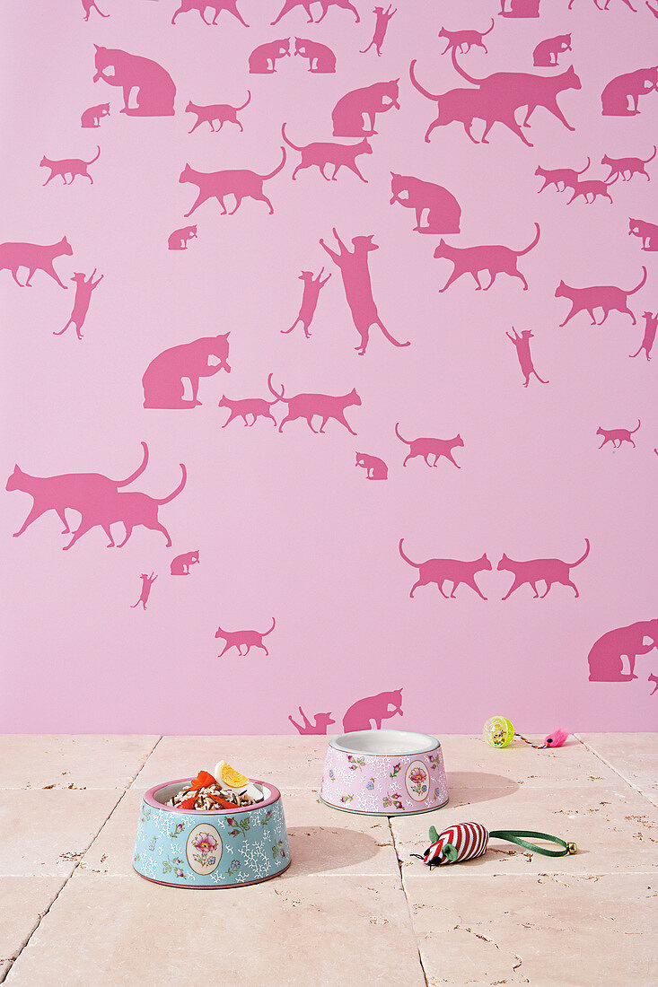 Cat accessories and bowls in front of cat patterned pink wallpaper