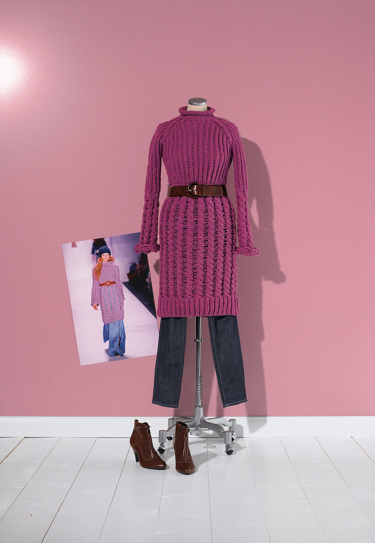 Knitted dress with pants, belt and shoes