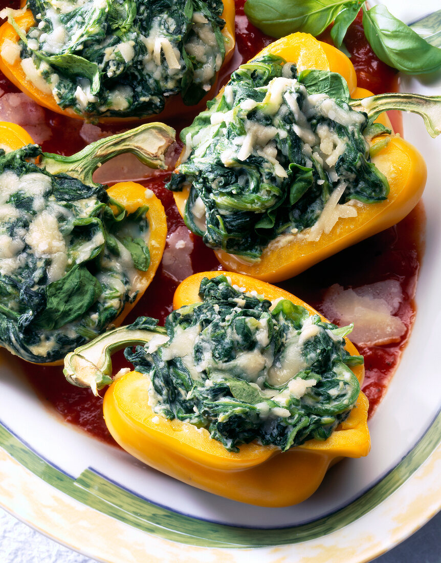 Close-up of yellow pepper stuffed with Swiss chard