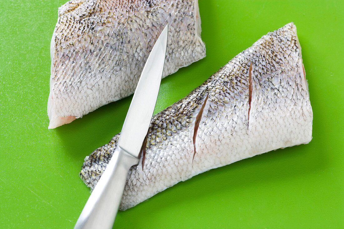 Close-up of zander with knife on green background