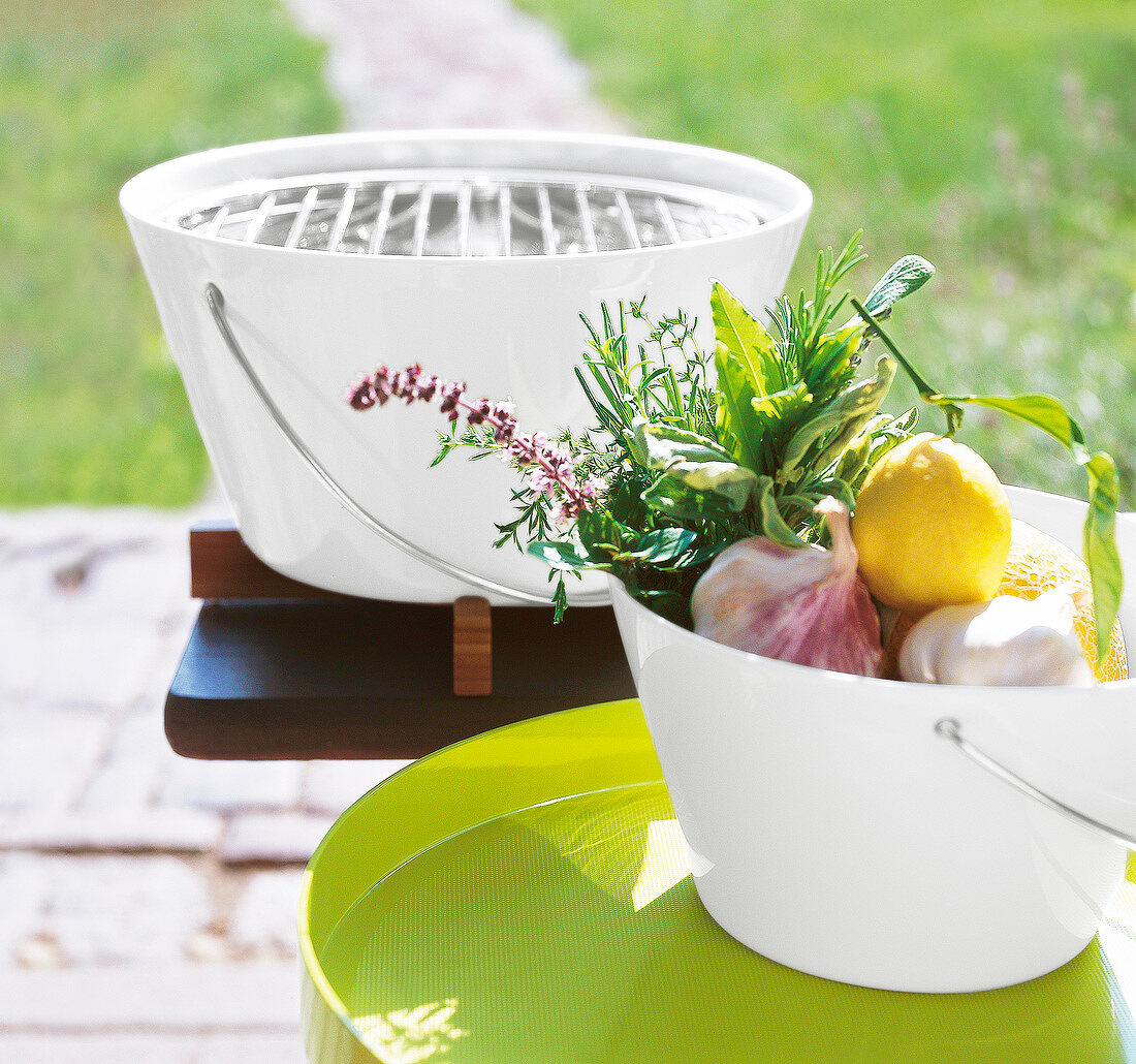 Porcelain portable grill and various vegetables in basket