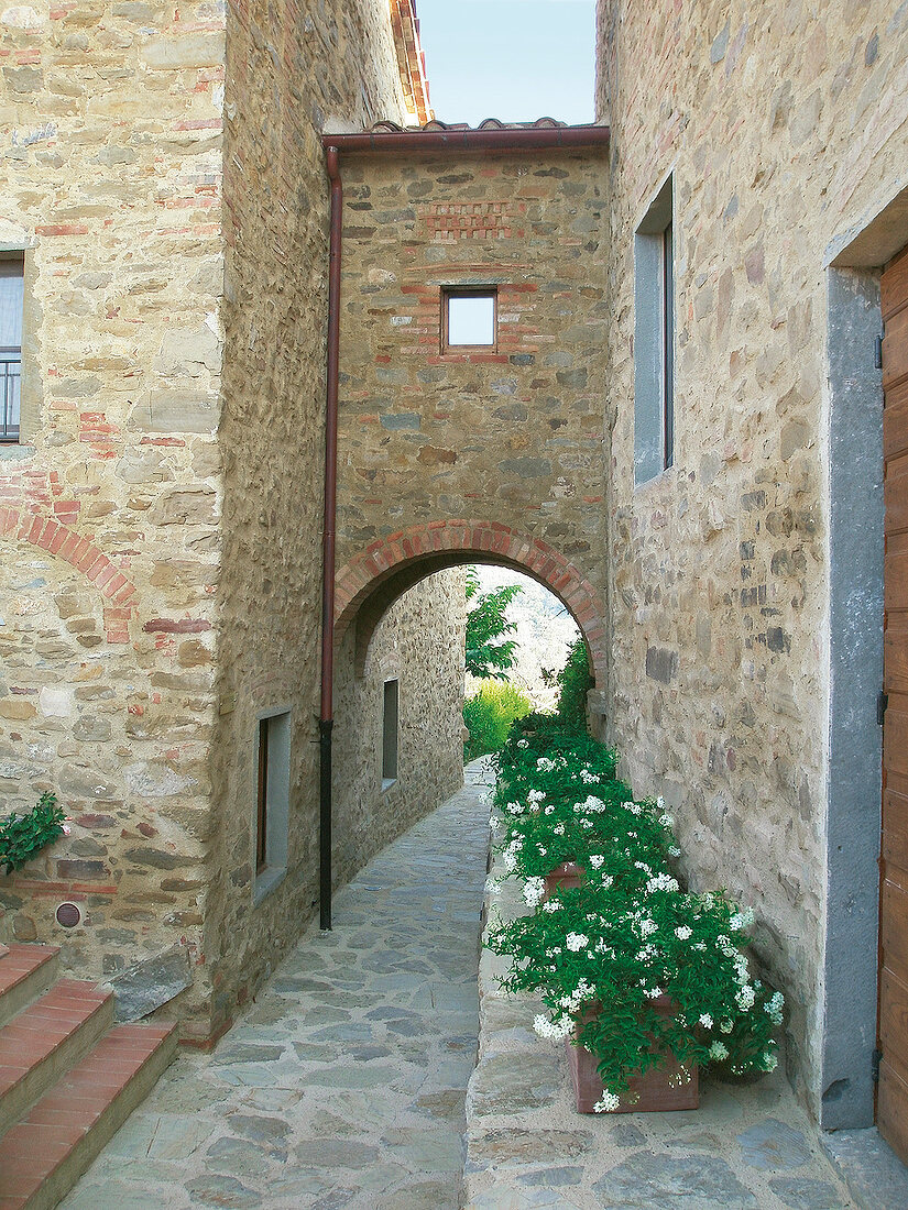 Durchgang mit Torbogen, Blumen, Hotel "Le Case del Borgo" in Toskana