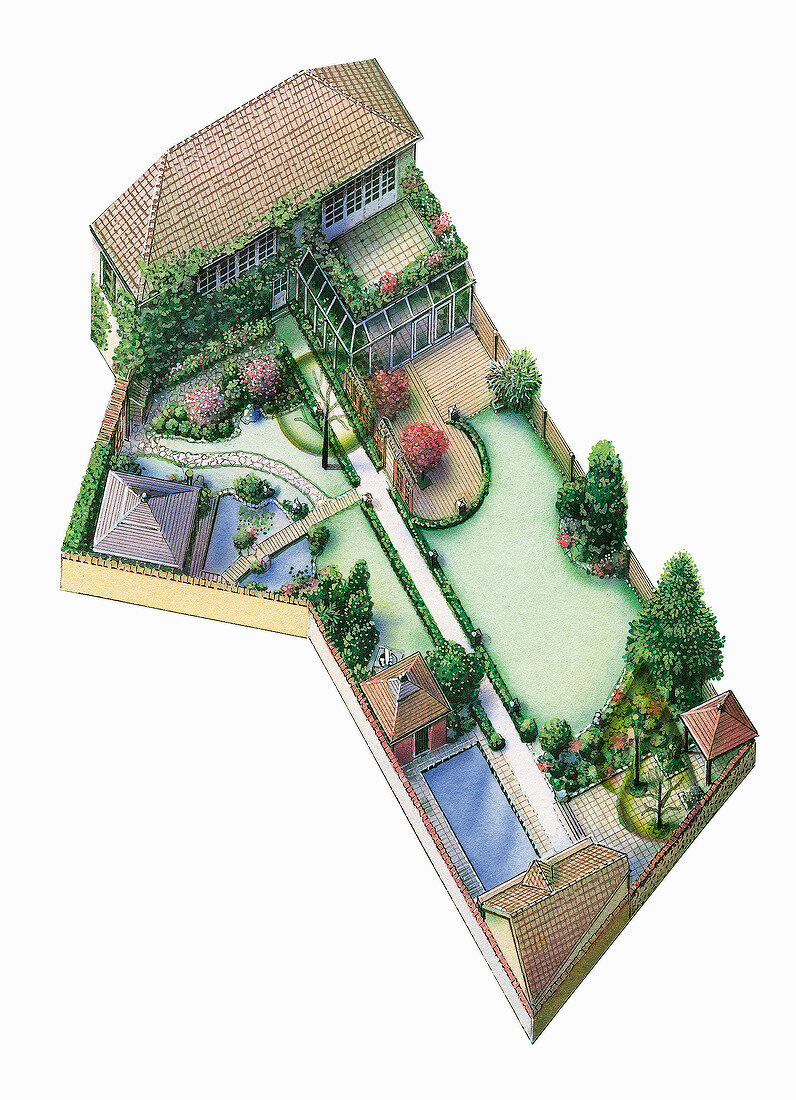 Illustration of house with garden on white background, overhead view