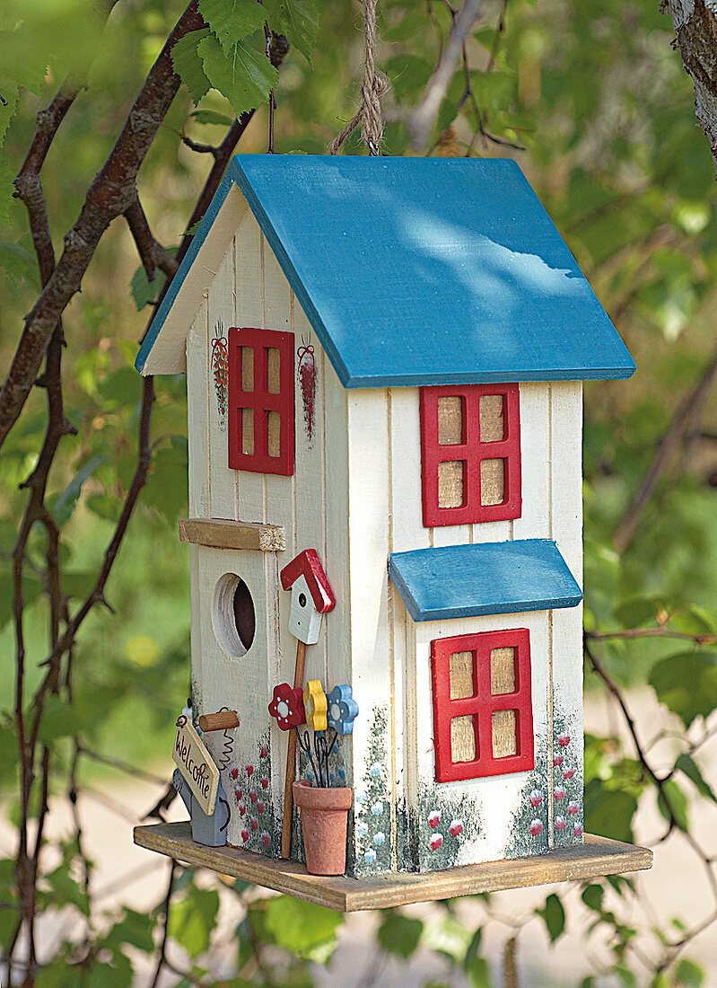 Vogelhäuschen, blaues Vogelhaus, "Gartenglück", Nistkasten, weisses