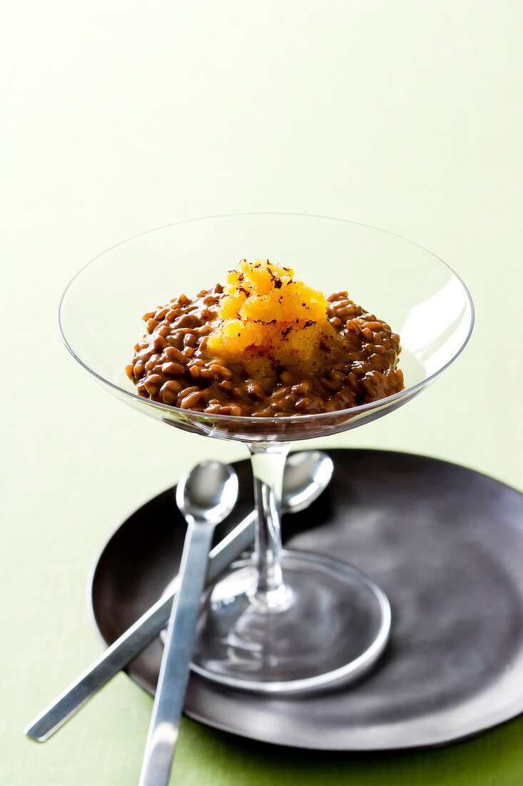 Chocolate risotto with tangerine spice granita in coupe glass