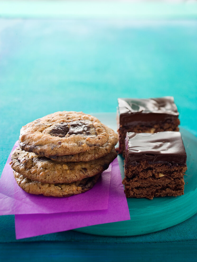 Close-up of chocolate chip cookies and brownies with chocolate pastries