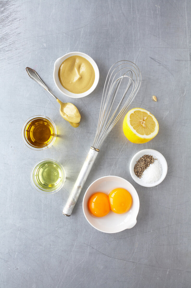 Egg yolk, lemon, oil and whisker, Ingredients for mayonnaise